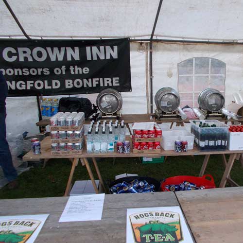Crown Inn beer tent showing beer barrels etct