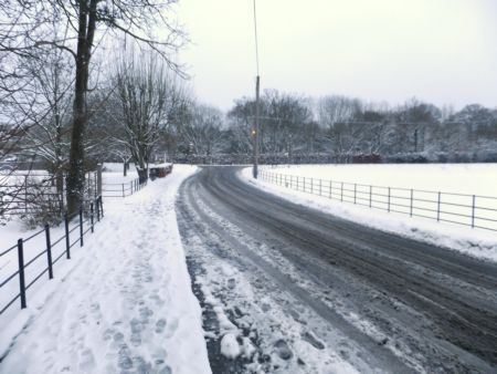 Snow scene Woodside Road near Catholic Church